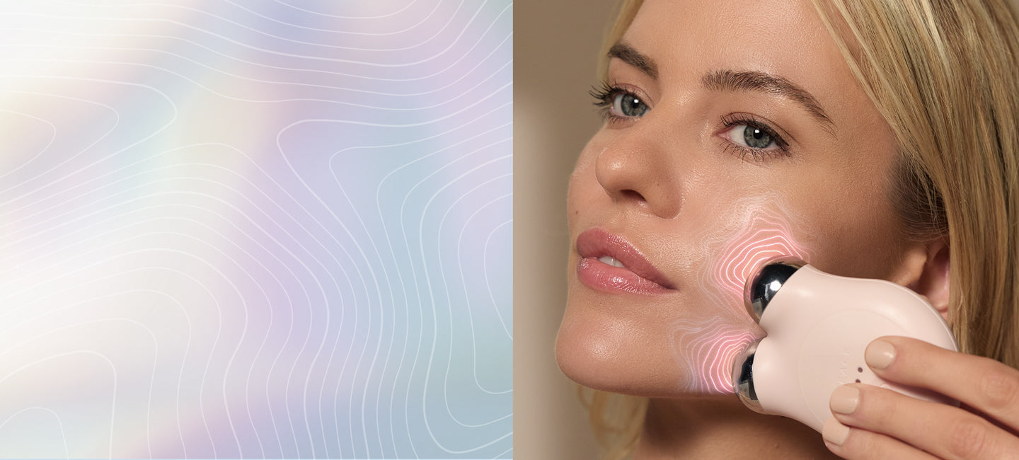 a split photograph of an abstract pastel art texture on the left and a NuFACE customer using the pink MINI+ device by NuFACE on her jawline on the right