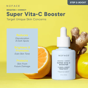 NuFACE booster vita-c serum bottle showing benefits.