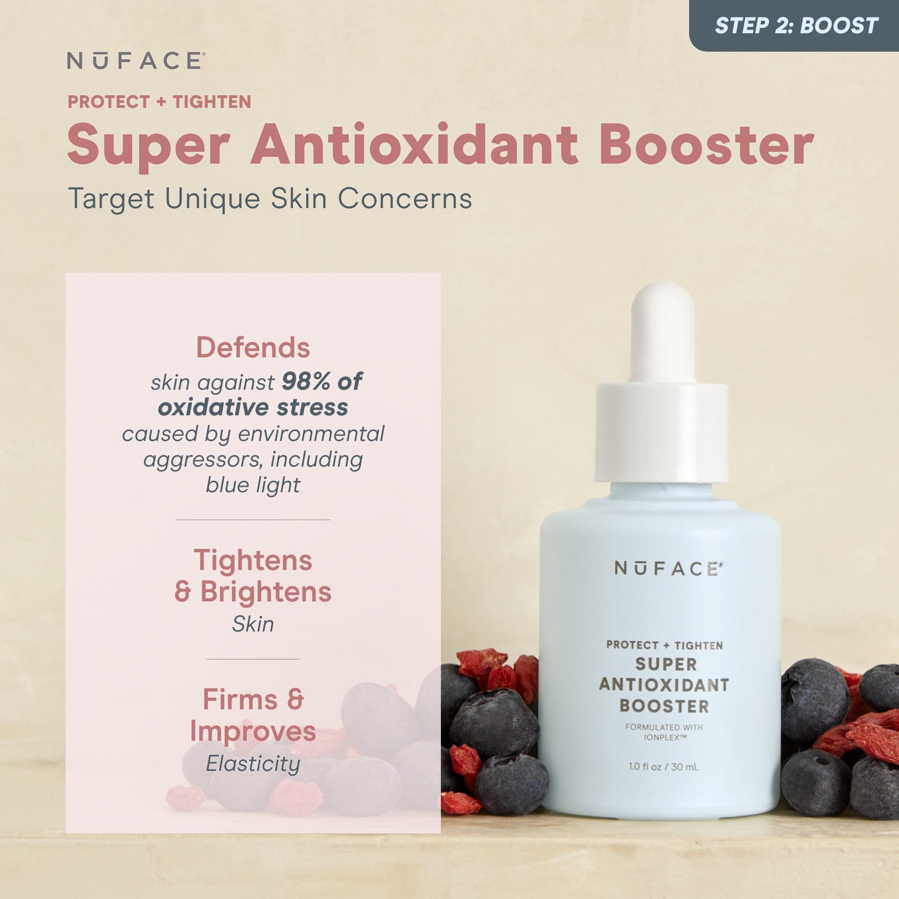 NuFACE booster antioxidant Serum bottle showing benefits.