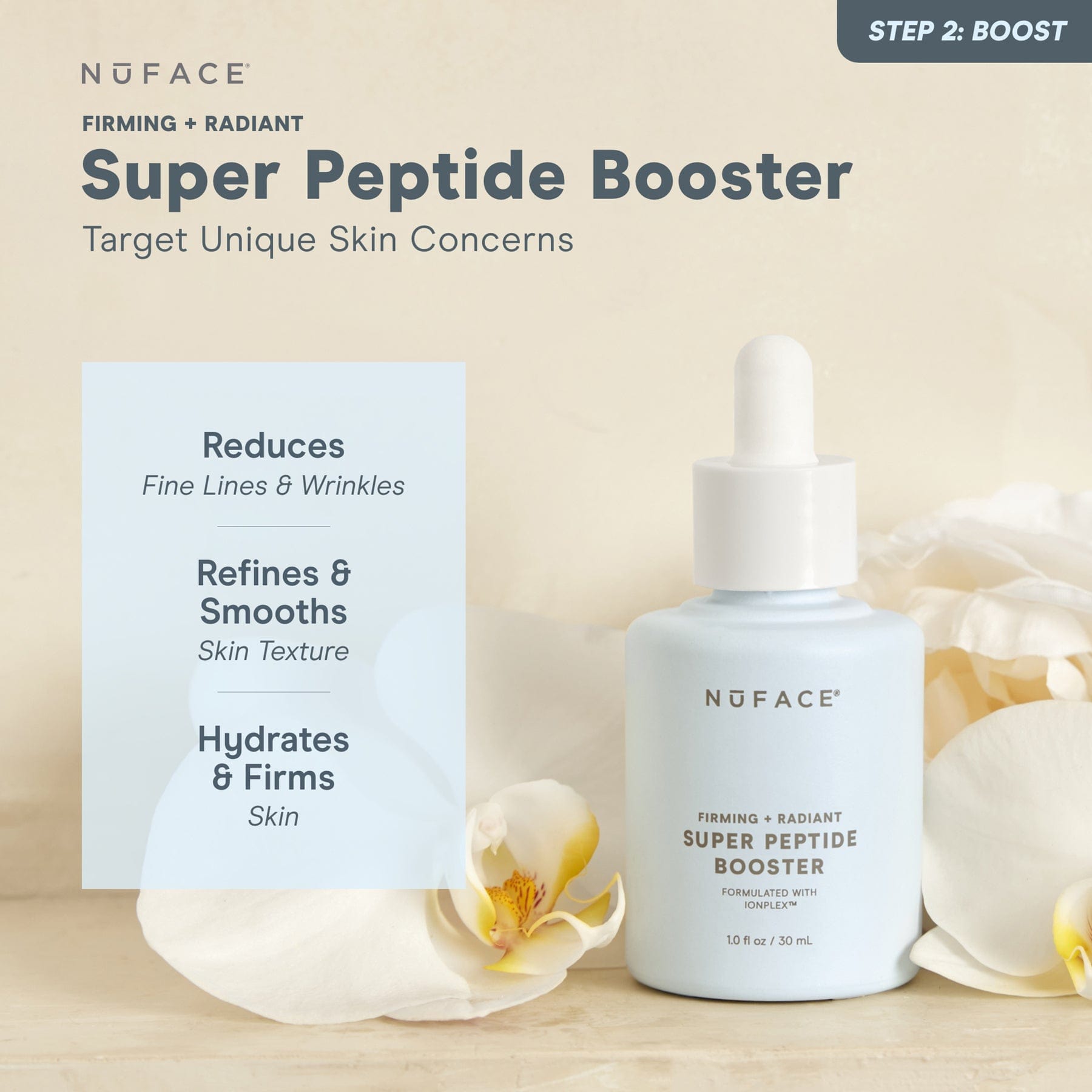 NuFACE booster peptide serum bottle showing benefits.