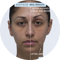 a split photo of a woman's full face before and after NuFACE treatment