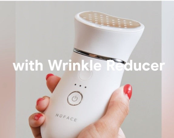 A woman's hand holding the TRINITY+ device by NuFACE, with a caption reading "with Wrinkle Reducer"